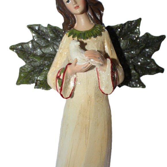 Pair Of Resin Holly Winged Christmas Angel Statues 12" Tall - Picture 4 of 16